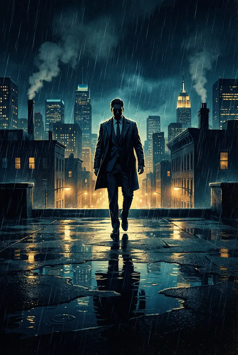 办公室韩国电影免费完整版 出品影片《雨夜独行者》海报，雨中城市屋顶男性剪影